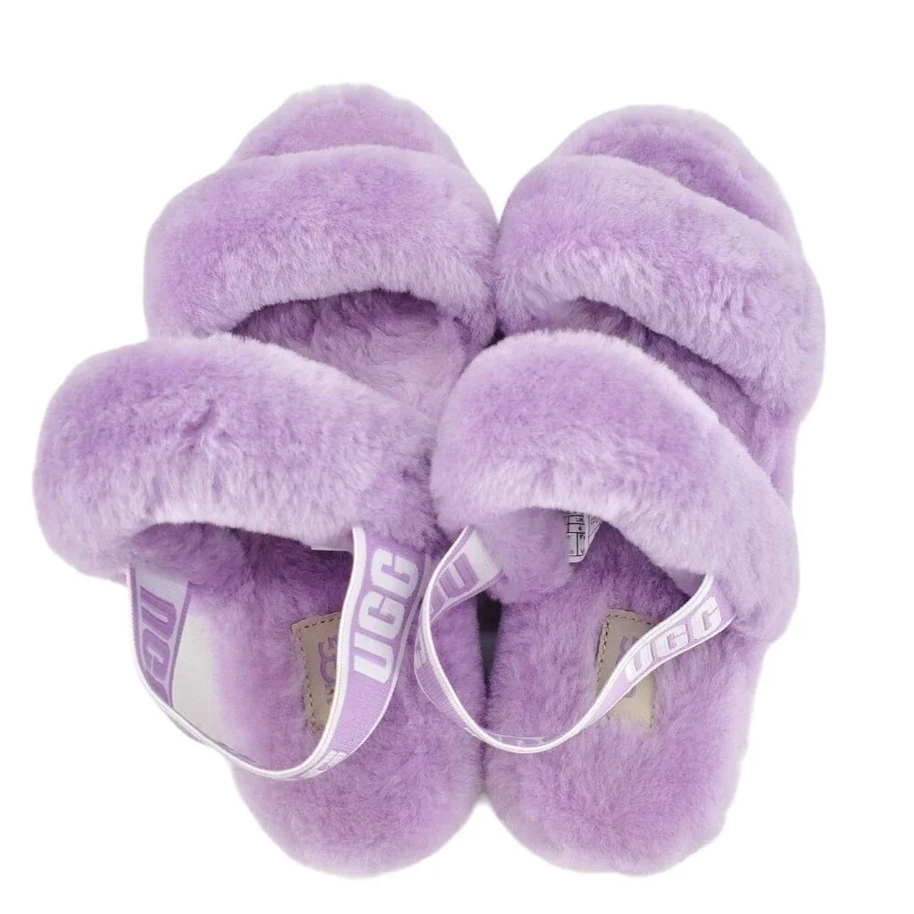 New UGG 6 Slippers Oh Yeah Womans Double Strap Sheep Fur Sandal Open Toe Shoes